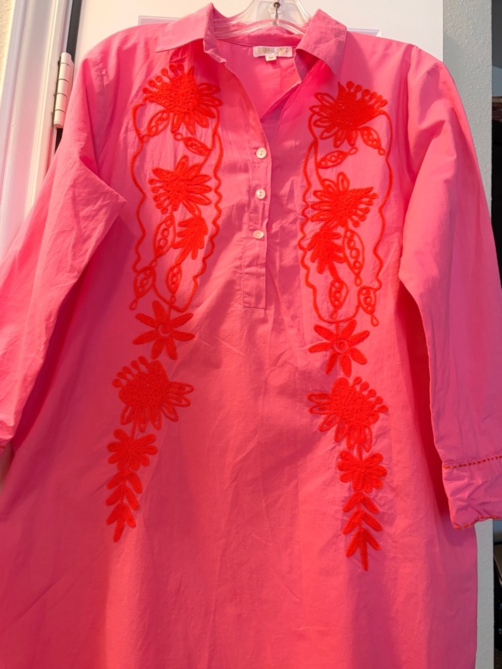 Bright Pink Embroidered Shirt Dress Or Swim Cover Up - Picture 4 of 10